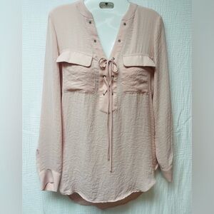 a.n.a Blush Lace-Up High-Low V-Neck Long Sleeve Poet/Peasant Blouse/Top, Sz XS!